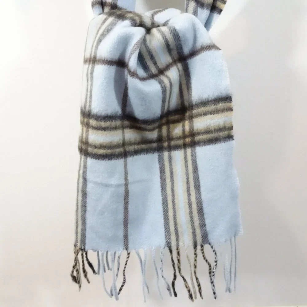 Vintage Plaid 100% Cashmere Scarf Fringe Made in Germany Blue Tan Brown